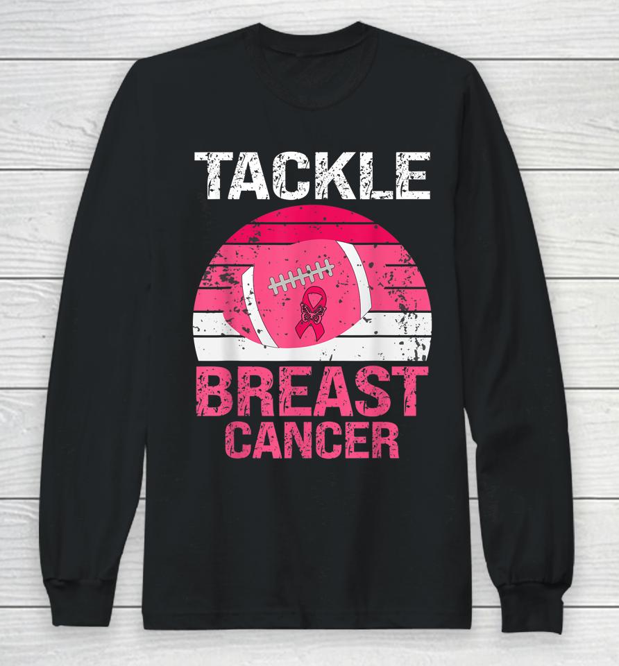 Vintage Tackle Football Pink Ribbon Breast Cancer Awareness Long Sleeve T-Shirt