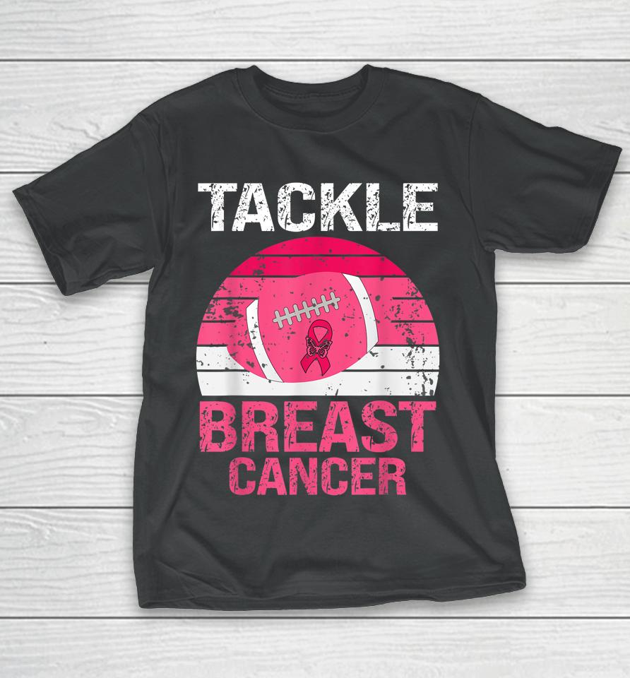 Vintage Tackle Football Pink Ribbon Breast Cancer Awareness T-Shirt