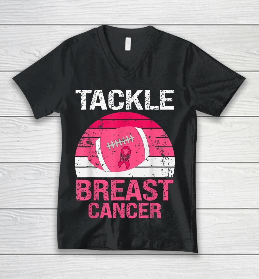 Vintage Tackle Football Pink Ribbon Breast Cancer Awareness Unisex V-Neck T-Shirt