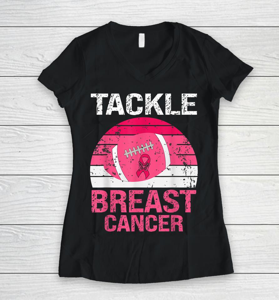Vintage Tackle Football Pink Ribbon Breast Cancer Awareness Women V-Neck T-Shirt