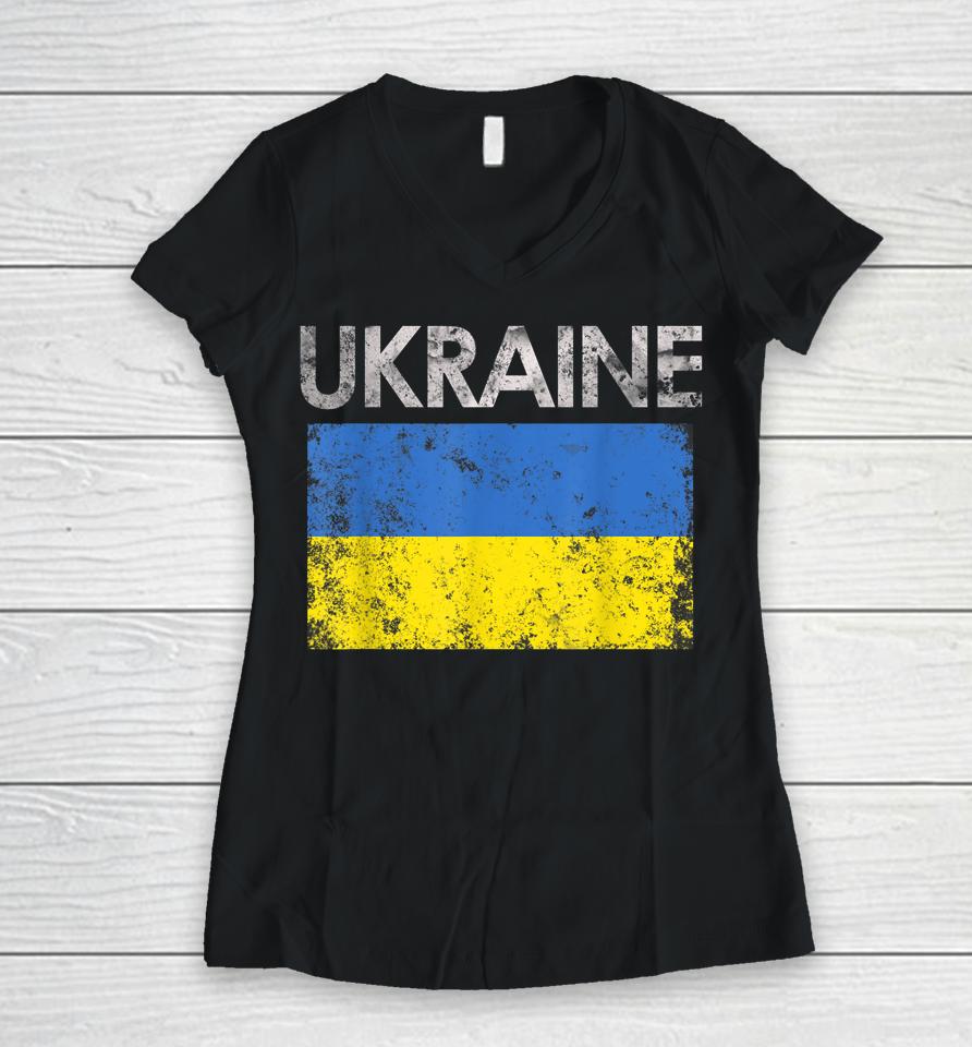 Vintage Ukraine Ukrainian Flag Pride Gift Women V-Neck T-Shirt