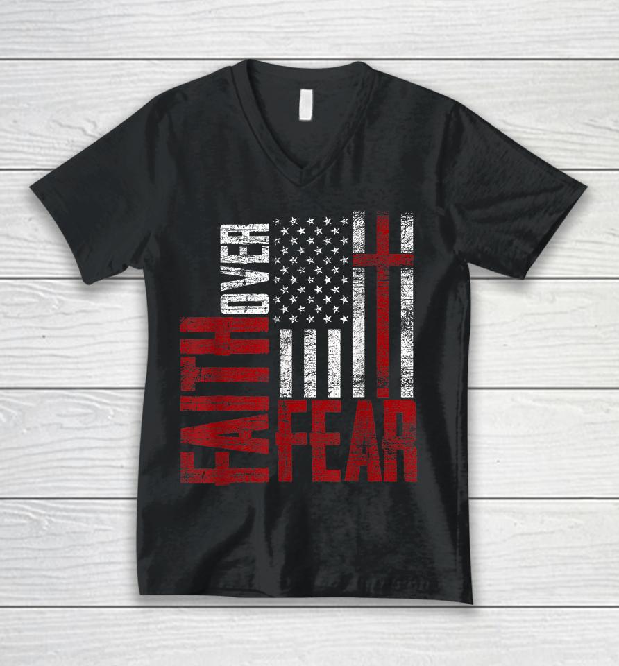 Vintage Usa Flag Cross Faith Over Fear Unisex V-Neck T-Shirt