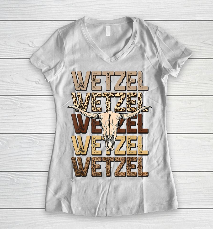 Vintage Womens Koe Western Country Music Wetzel Bull Skull Women V-Neck T-Shirt
