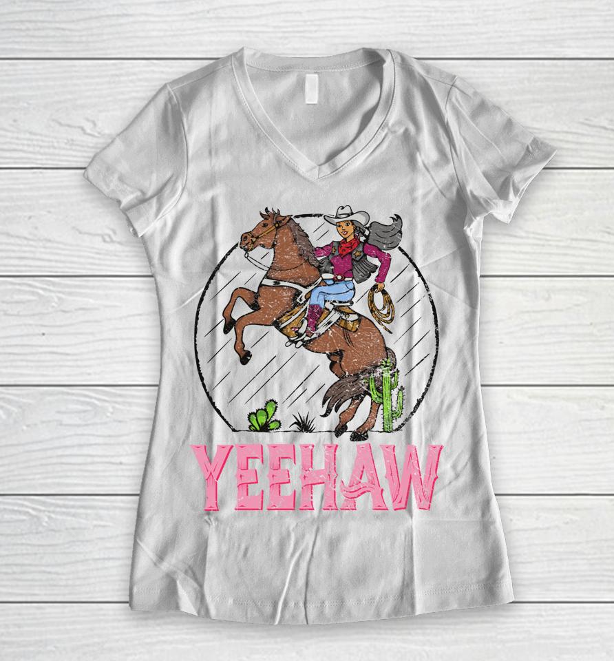 Vintage Yeehaw Howdy Rodeo Western Country Southern Cowgirl Women V-Neck T-Shirt