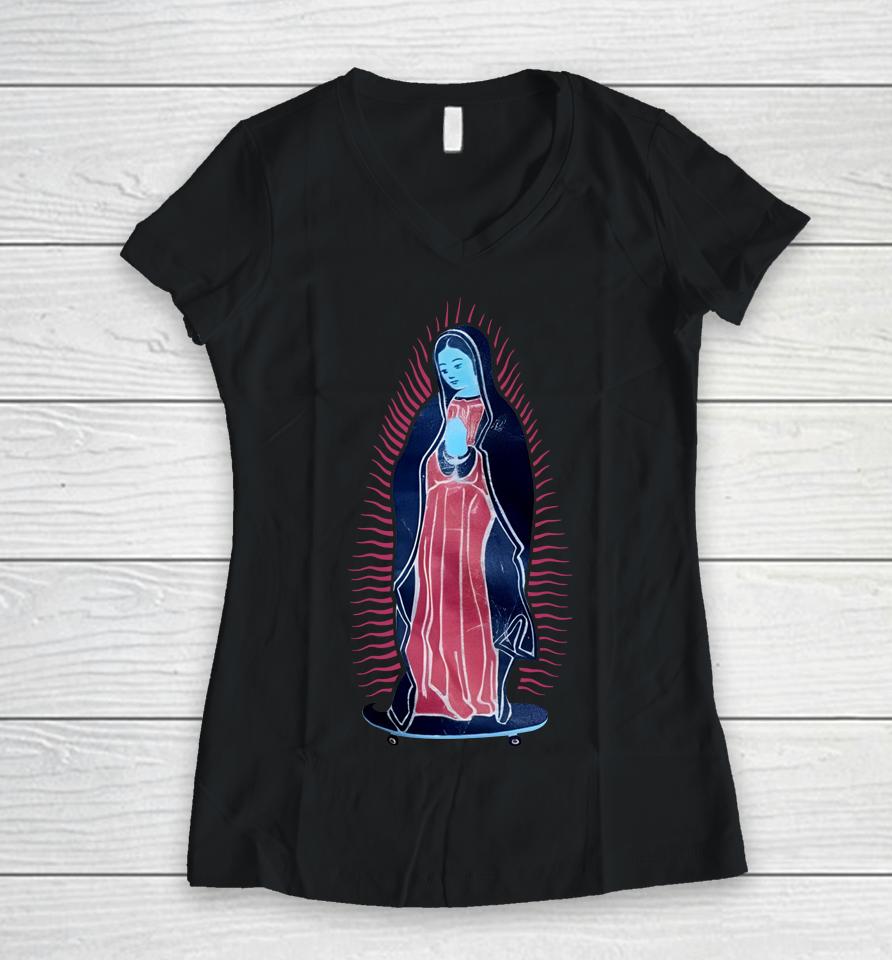 Virgen Guadalupe Our Lady Of On Skateboard Women V-Neck T-Shirt
