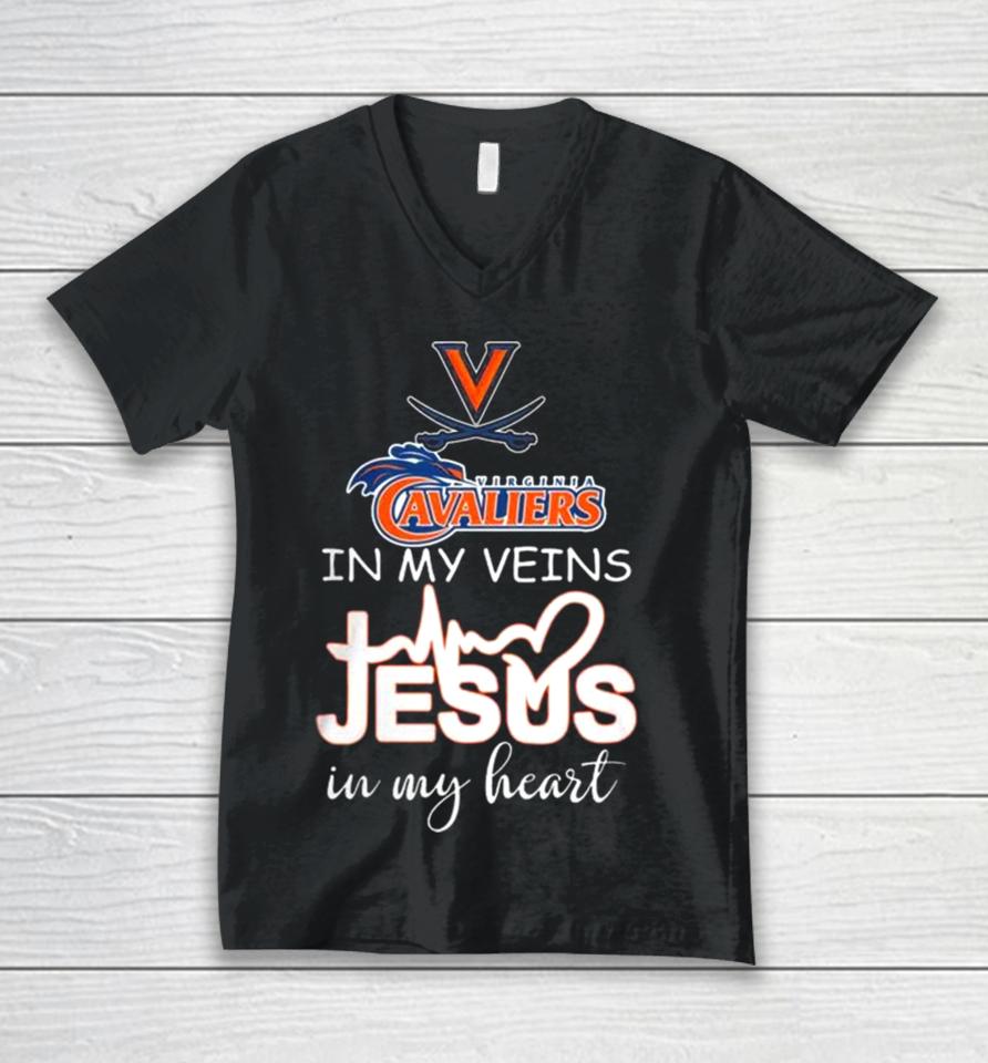 Virginia Cavaliers 2024 In My Veins Jesus In My Heart Unisex V-Neck T-Shirt