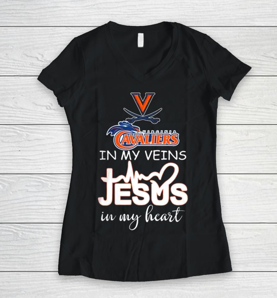 Virginia Cavaliers 2024 In My Veins Jesus In My Heart Women V-Neck T-Shirt