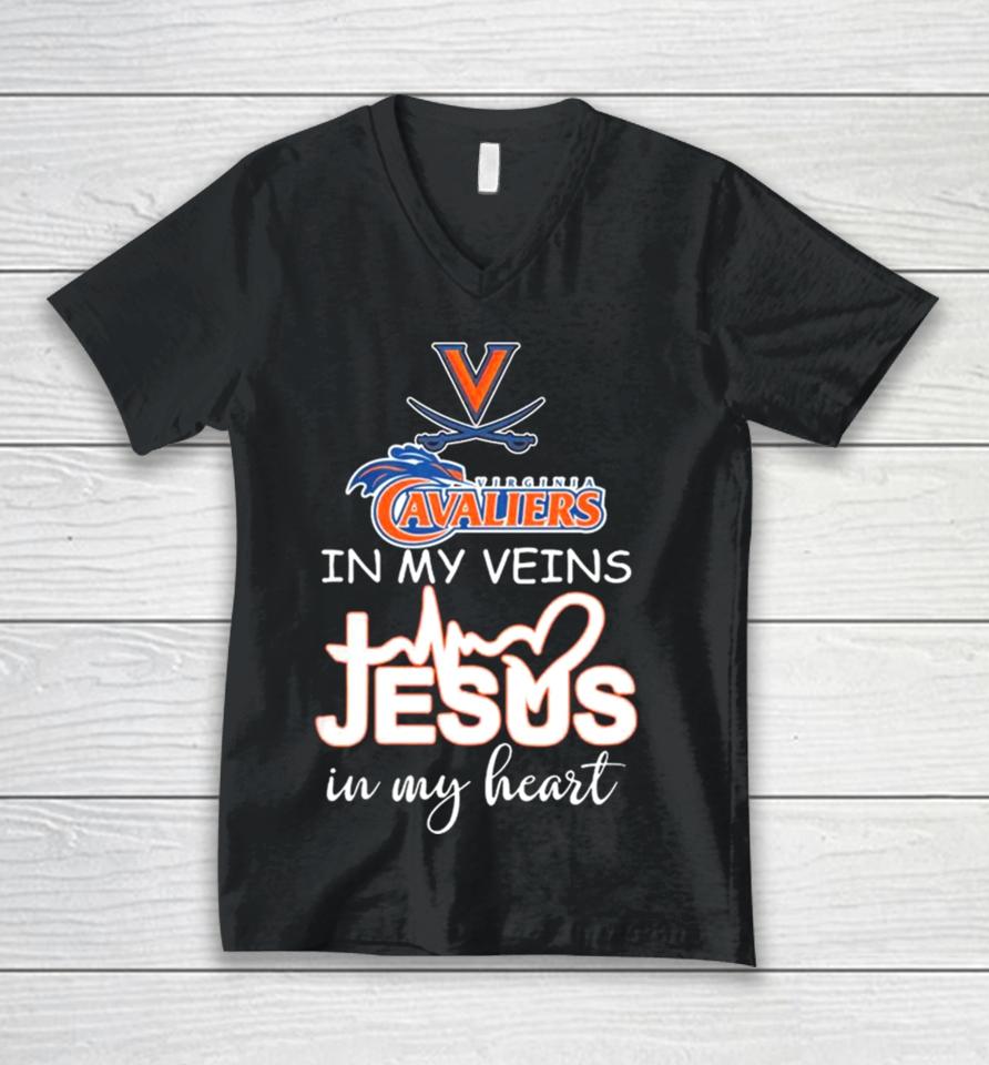 Virginia Cavaliers Basketball In My Veins Jesus In My Heart Unisex V-Neck T-Shirt