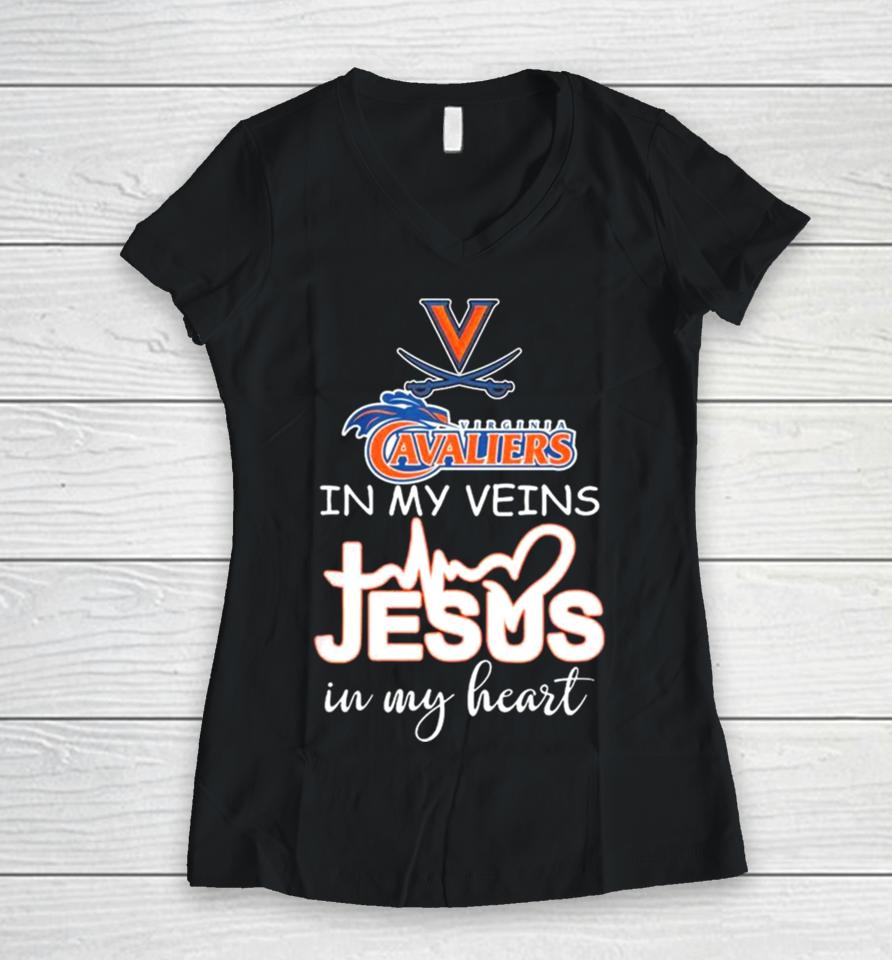 Virginia Cavaliers Basketball In My Veins Jesus In My Heart Women V-Neck T-Shirt
