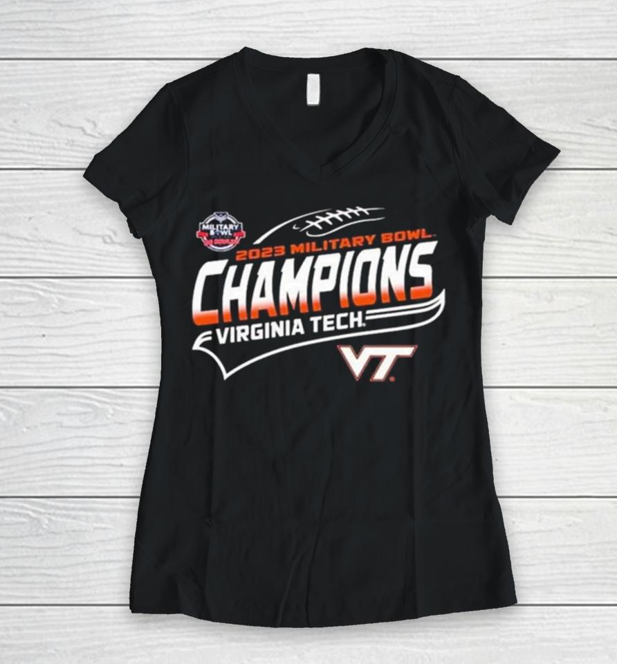 Virginia Tech 2023 Military Bowl Champions Women V-Neck T-Shirt