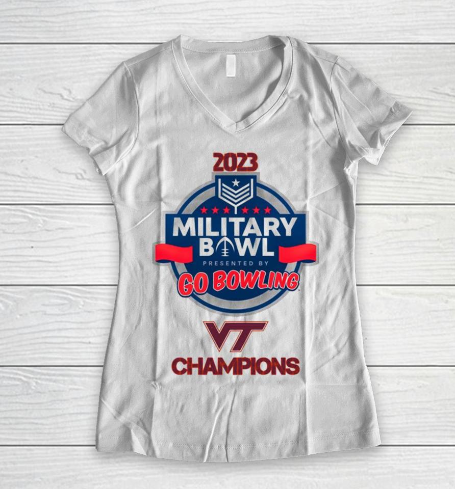 Virginia Tech Hokies 2023 Military Bowl Champions Women V-Neck T-Shirt