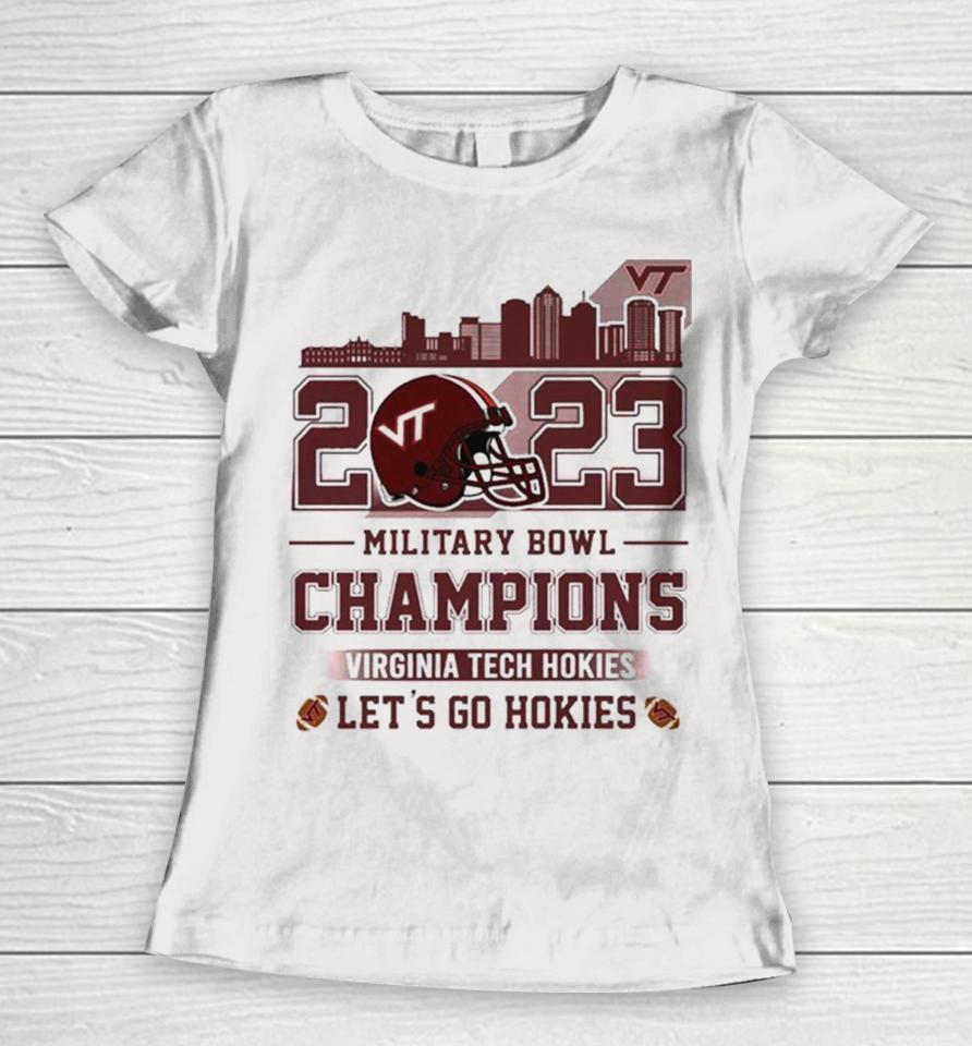Virginia Tech Hokies Football 2023 Military Bowl Champions Let’s Go Hokies Helmet Women T-Shirt