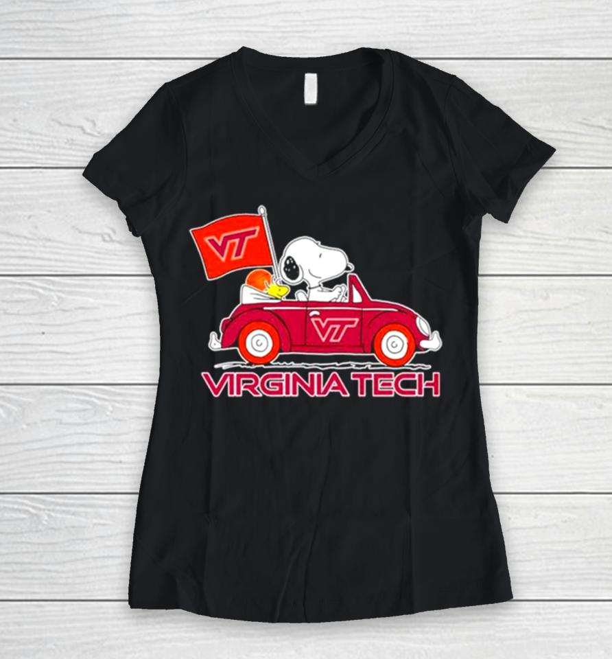 Virginia Tech Hokies Snoopy And Woodstock Proud Fan Women V-Neck T-Shirt