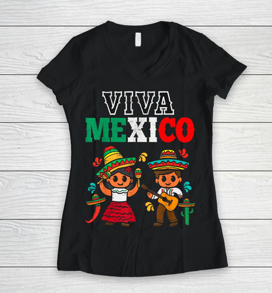 Viva Mexico Boy Girl Maracas Guitar Mexican Independence Women V-Neck T-Shirt