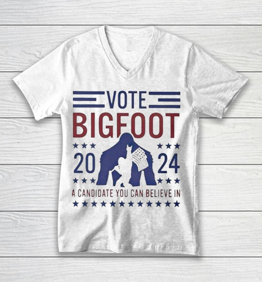 Vote Bigfoot 2024 A Candidate You Can Believe In Usa Flag Unisex V-Neck T-Shirt