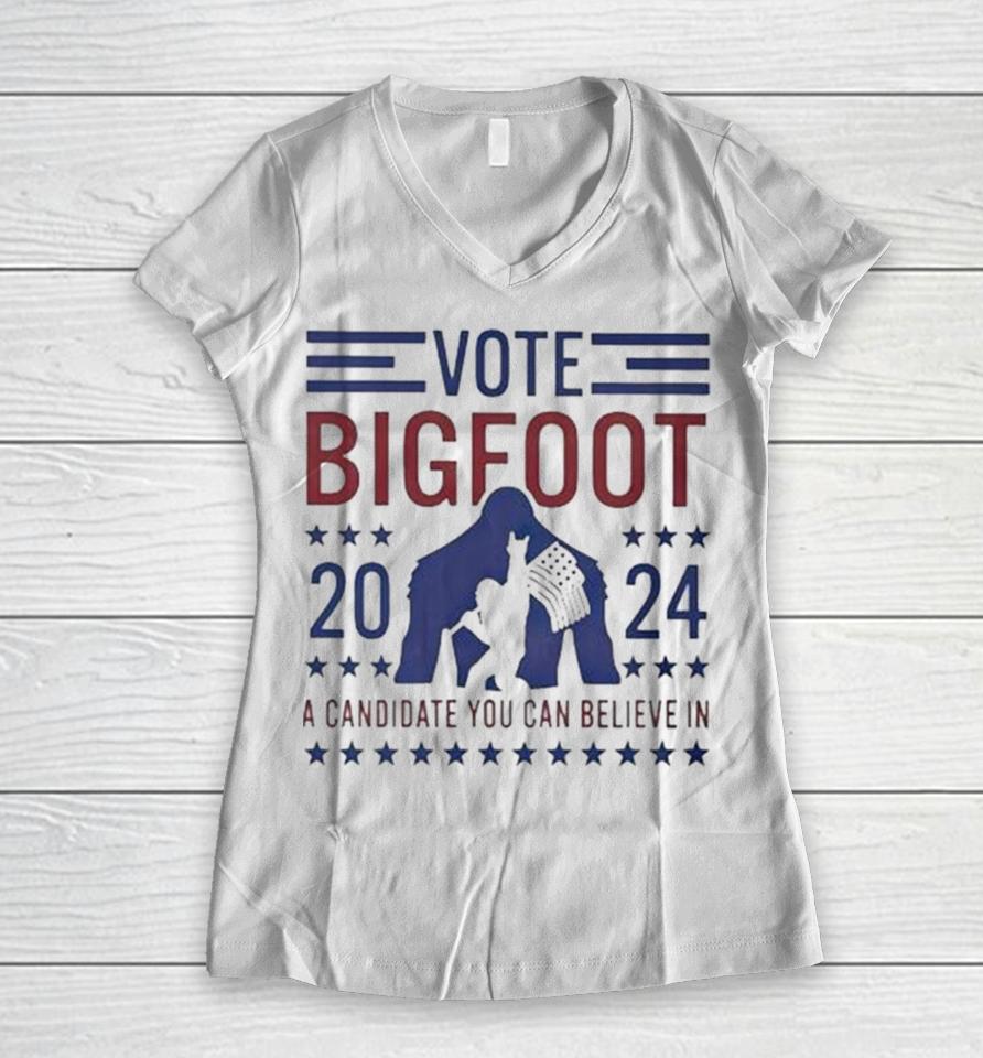 Vote Bigfoot 2024 A Candidate You Can Believe In Usa Flag Women V-Neck T-Shirt