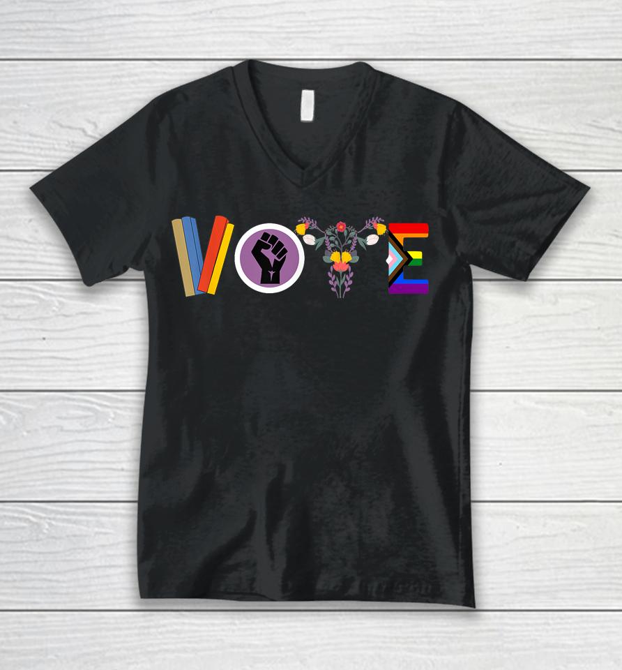 Vote Books Fist Ovaries Lgtbq Gifts Unisex V-Neck T-Shirt