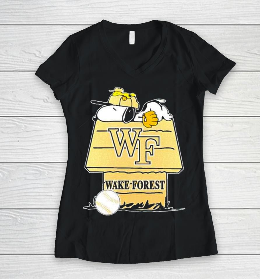 Wake Forest Demon Deacons Snoopy And Woodstock The Peanuts Baseball Women V-Neck T-Shirt