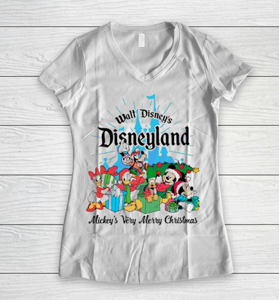 Walt Disney’s Disneyland Mickeys Very Merry Christmas Women V-Neck T-Shirt