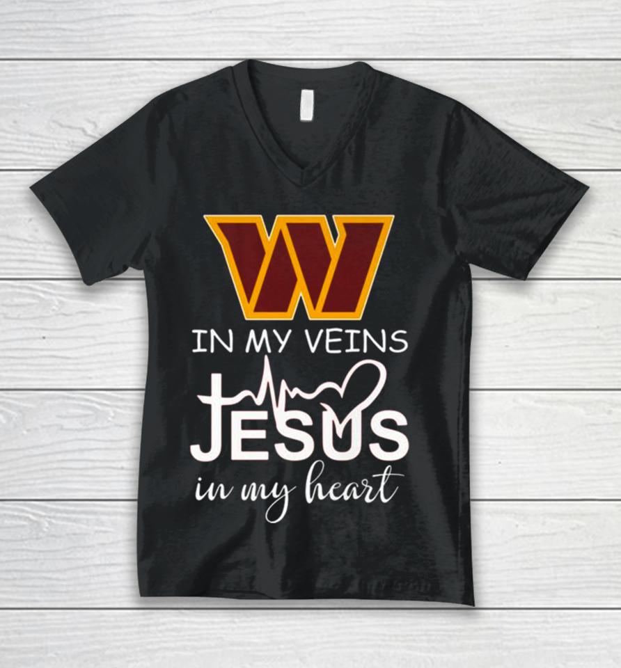 Washington Commanders Logo 2023 In My Veins Jesus In My Heart Unisex V-Neck T-Shirt