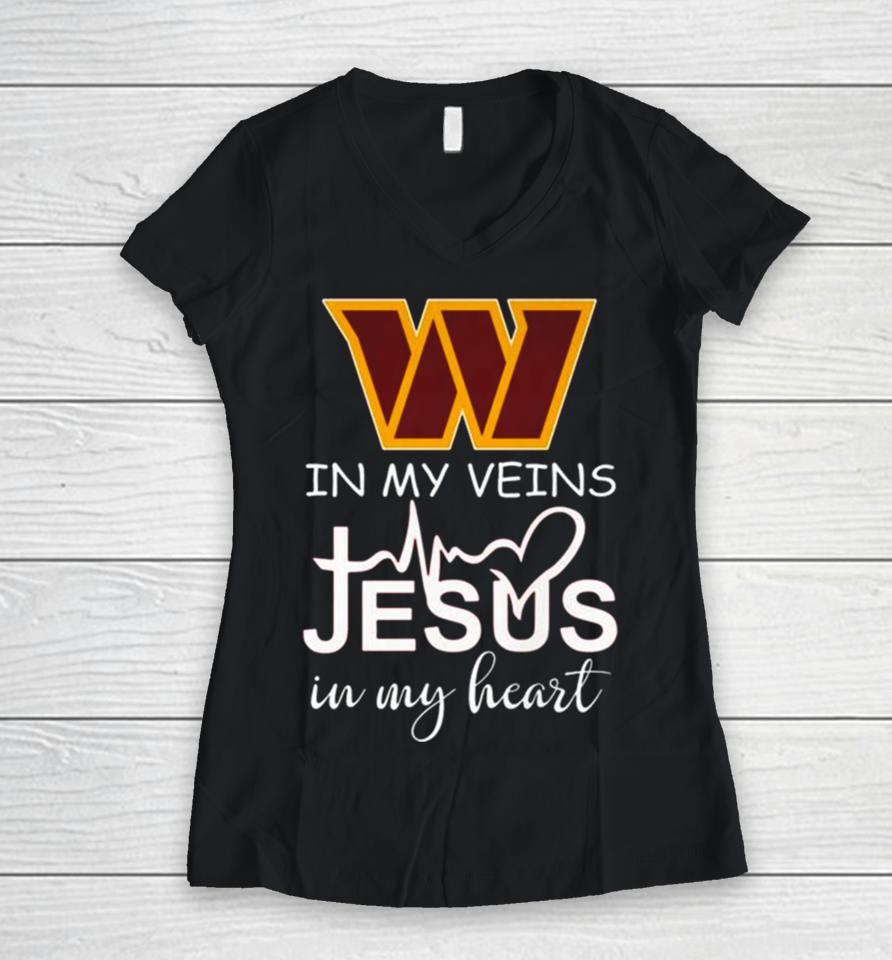Washington Commanders Logo 2023 In My Veins Jesus In My Heart Women V-Neck T-Shirt