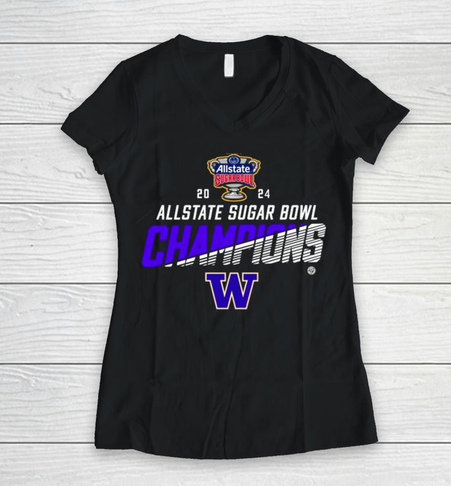 Washington Huskies 2024 Allstate Sugar Bowl Champions Women V-Neck T-Shirt