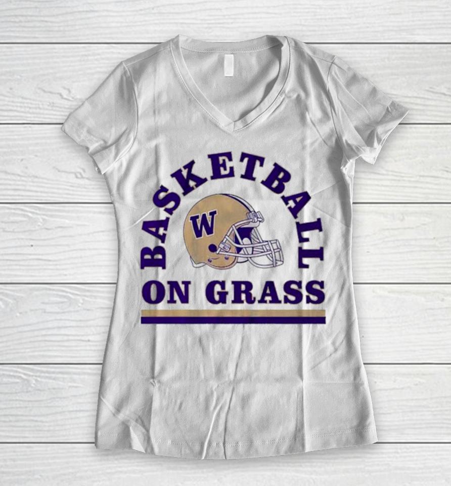 Washington Huskies Football Basketball On Grass 2024 Women V-Neck T-Shirt