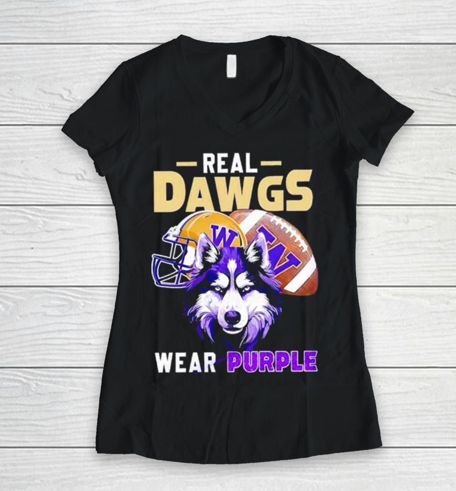 Washington Huskies Real Dawgs Wear Purple Football Women V-Neck T-Shirt