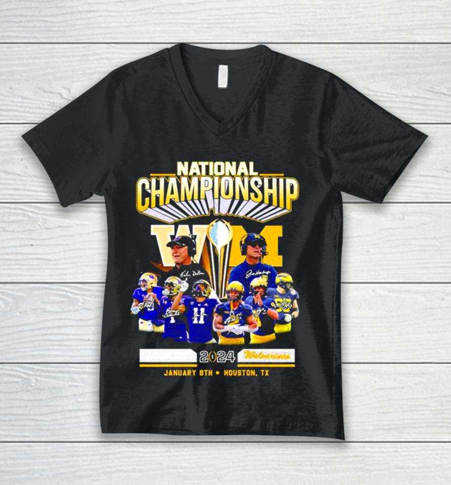 Washington Huskies Vs Michigan Football 2024 National Championship Houston, Tx Signatures Unisex V-Neck T-Shirt