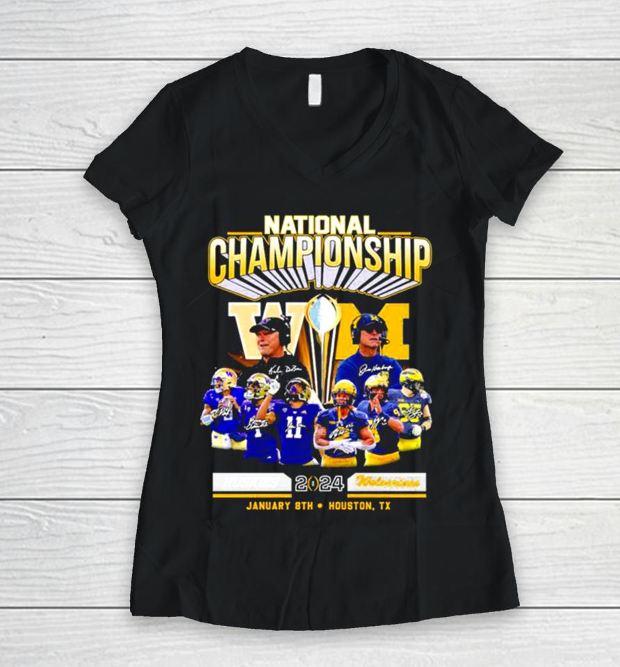Washington Huskies Vs Michigan Football 2024 National Championship Houston, Tx Signatures Women V-Neck T-Shirt