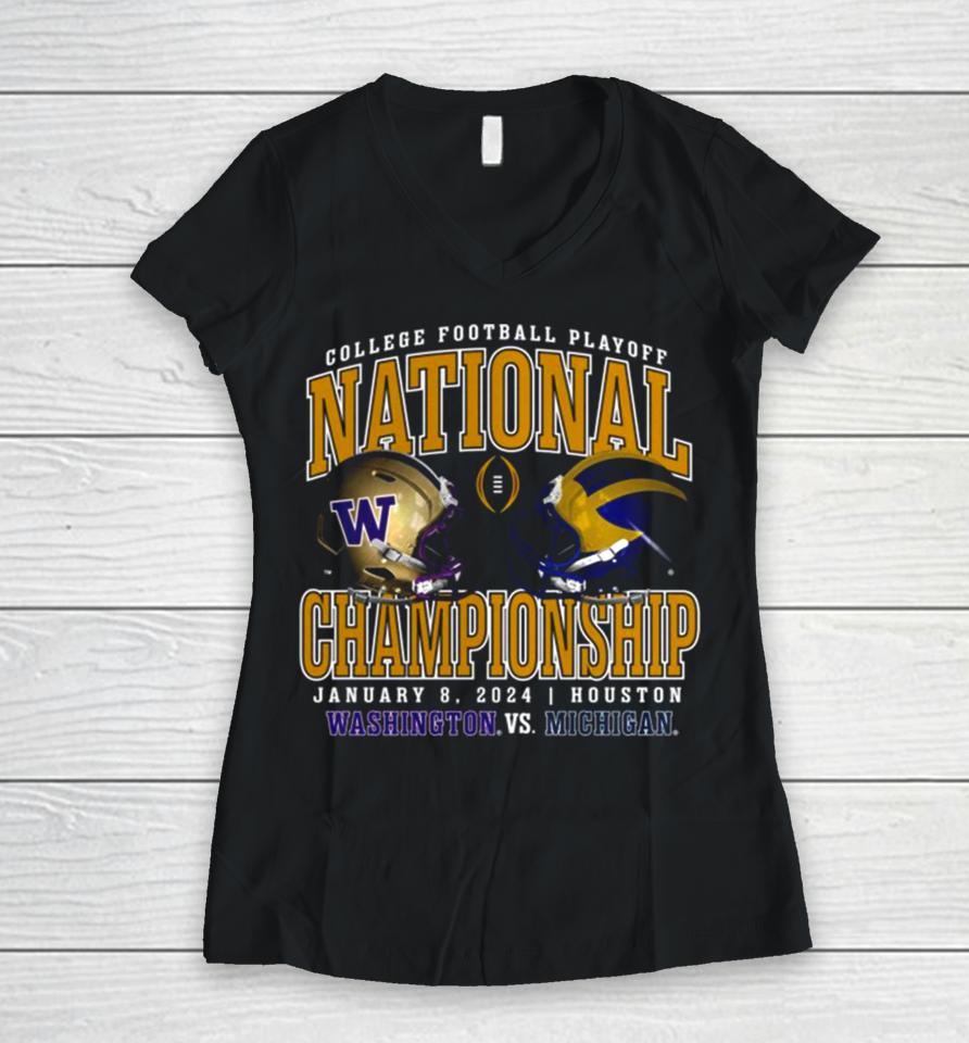 Washington Huskies Vs Michigan Wolverines Cfp 2024 National Championship Game Head To Head Stadium Women V-Neck T-Shirt