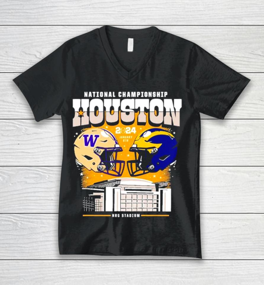 Washington Huskies Vs Michigan Wolverines National Championship Houston 2024 Skyline Unisex V-Neck T-Shirt