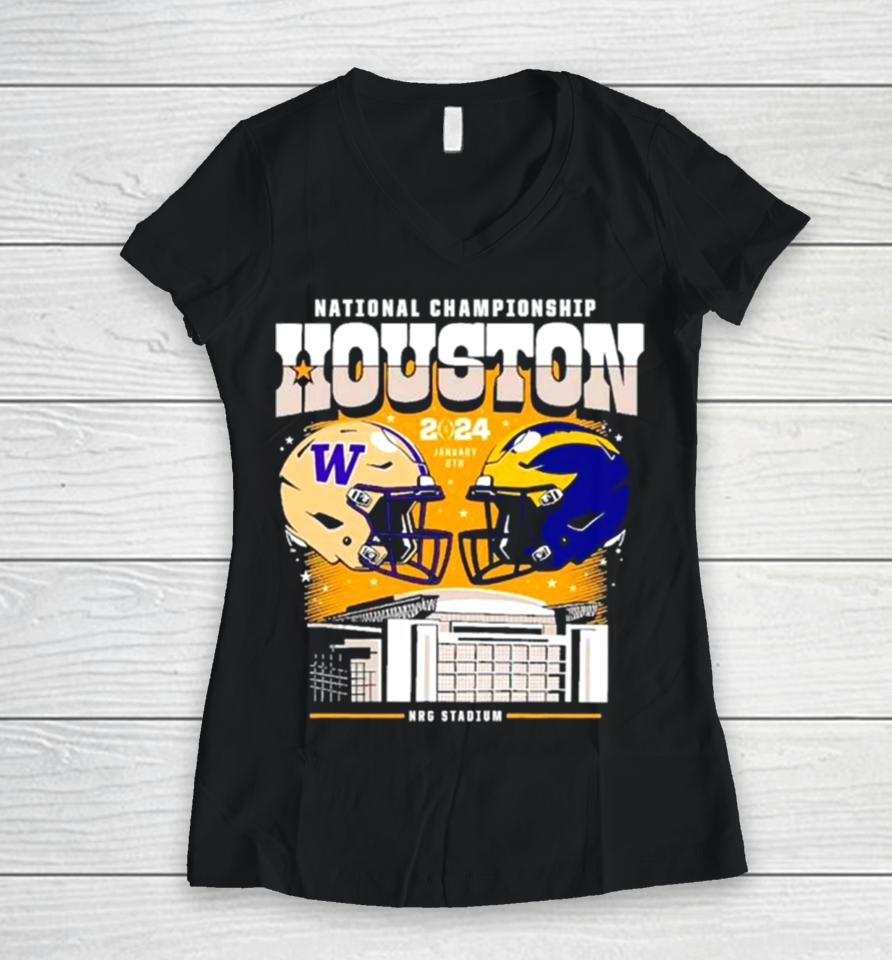Washington Huskies Vs Michigan Wolverines National Championship Houston 2024 Skyline Women V-Neck T-Shirt