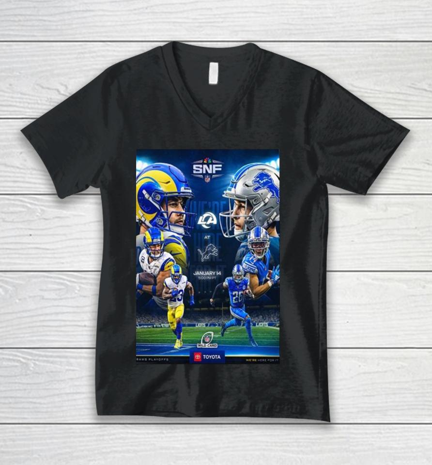 We Are Here For It Los Angeles Rams Vs Detroit Lions In Nfl Wild Card Unisex V-Neck T-Shirt