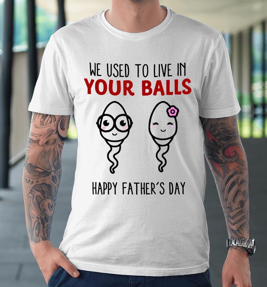 We Used To Live In Your Balls Happy Father's Day Funny Premium T-Shirt