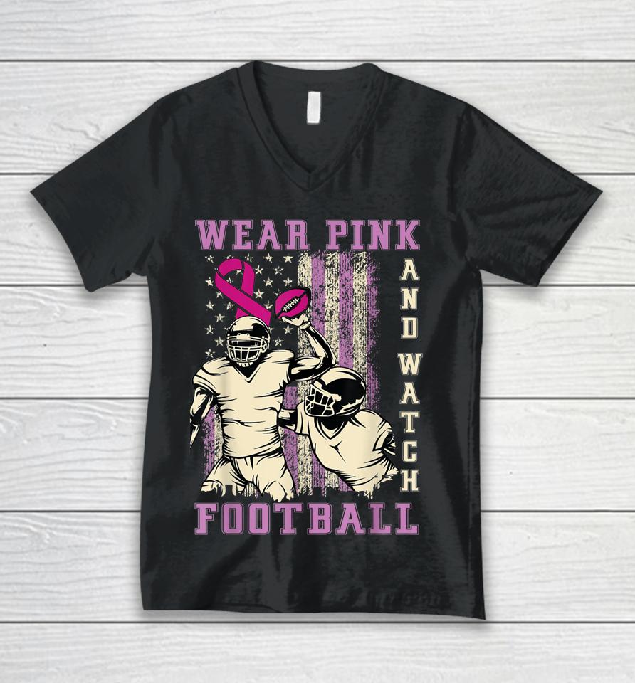 Wear Pink And Watch Football Breast Cancer Us Flag Vintage Unisex V-Neck T-Shirt