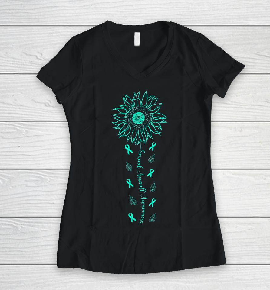 Wear Teal Sexual Assault Awareness Month Sunflower Women V-Neck T-Shirt