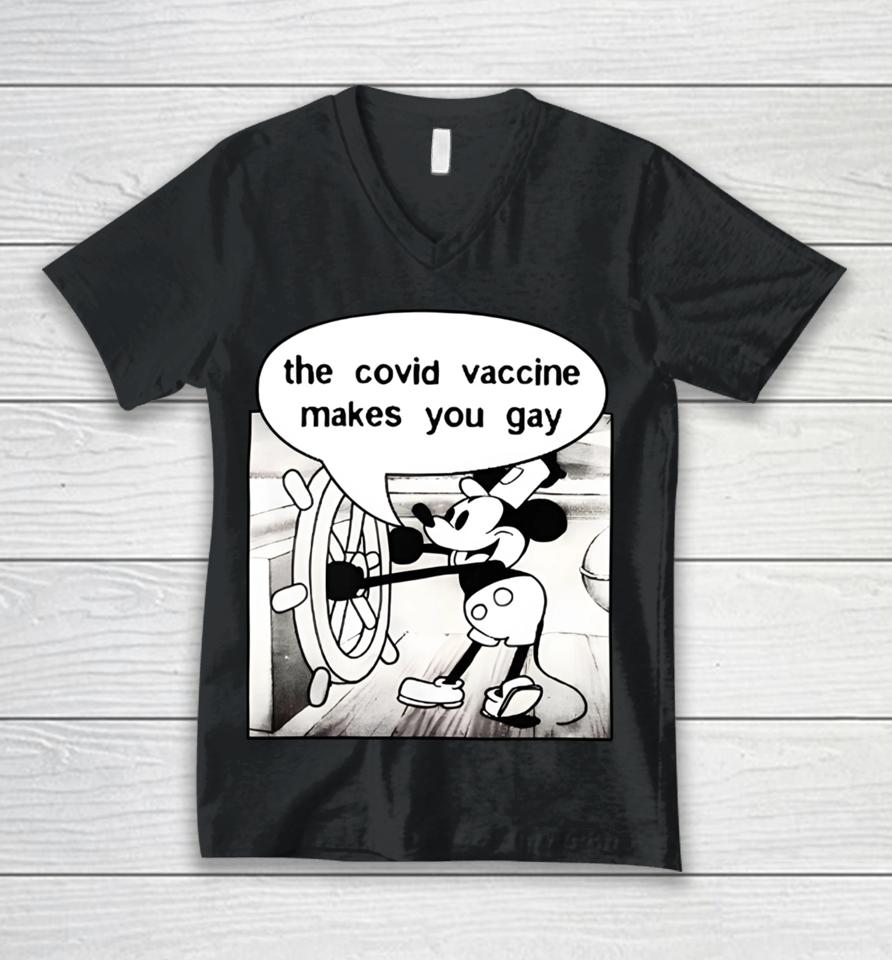 Wearechange Shop Mickey Says It Does The Covid Vaccine Makes You Gay Unisex V-Neck T-Shirt