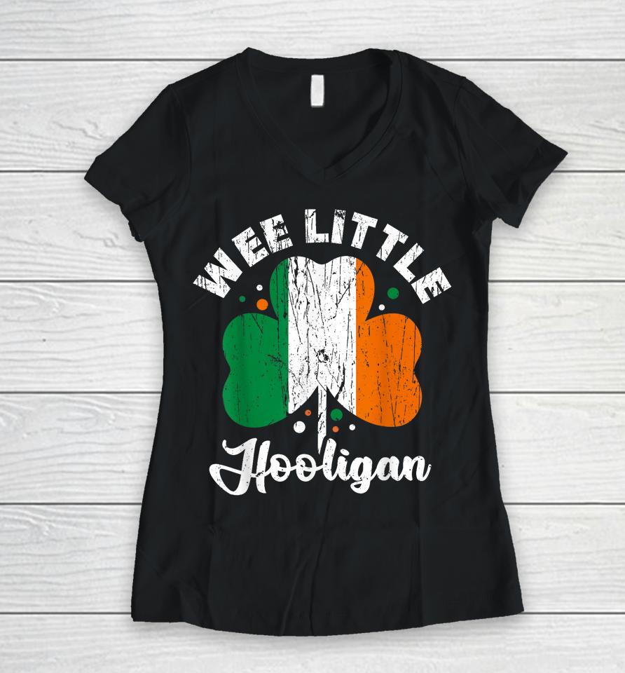 Wee Little Hooligans Irish Clovers Shamrocks Vintage Women V-Neck T-Shirt