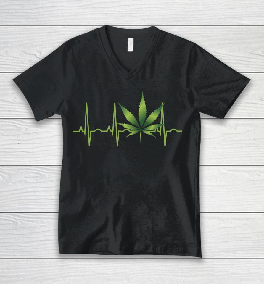 Weed Marijuana Leaf Heartbeat Gift Unisex V-Neck T-Shirt