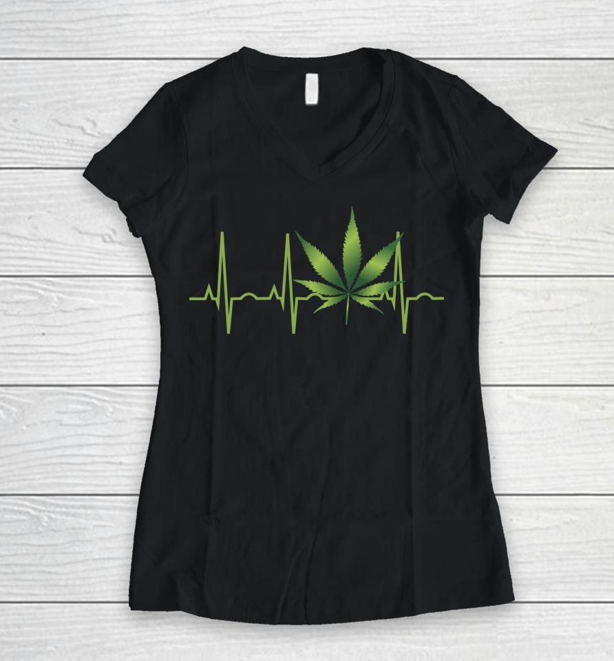 Weed Marijuana Leaf Heartbeat Gift Women V-Neck T-Shirt