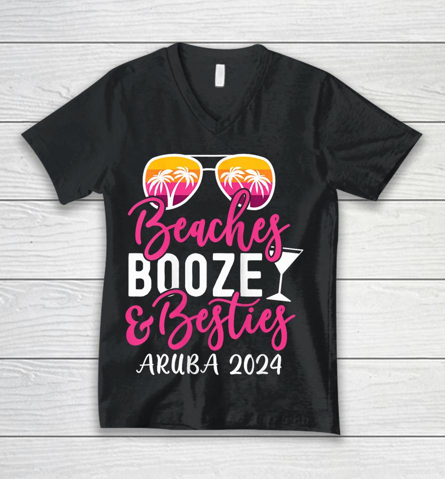 Weekend Girls Trip 2024 Aruba Beaches Booze And Besties Unisex V-Neck T-Shirt