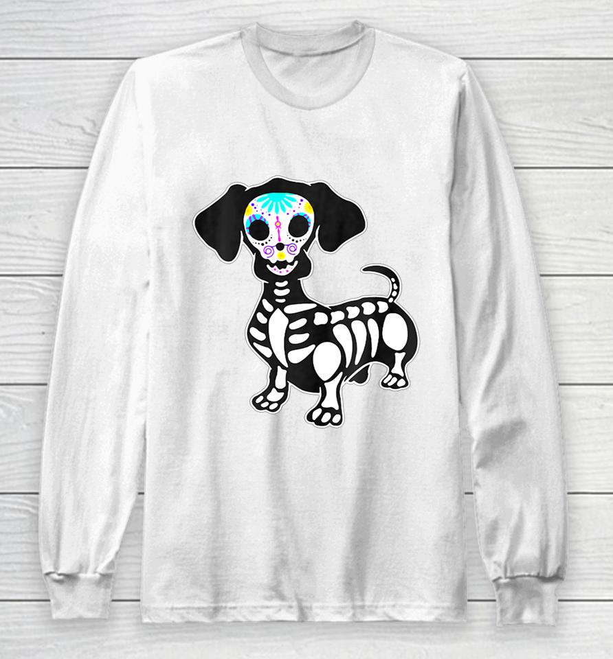 Weiner Dog Skull Dachshund Dog Halloween Tshirt Pumpkin Long Sleeve T-Shirt