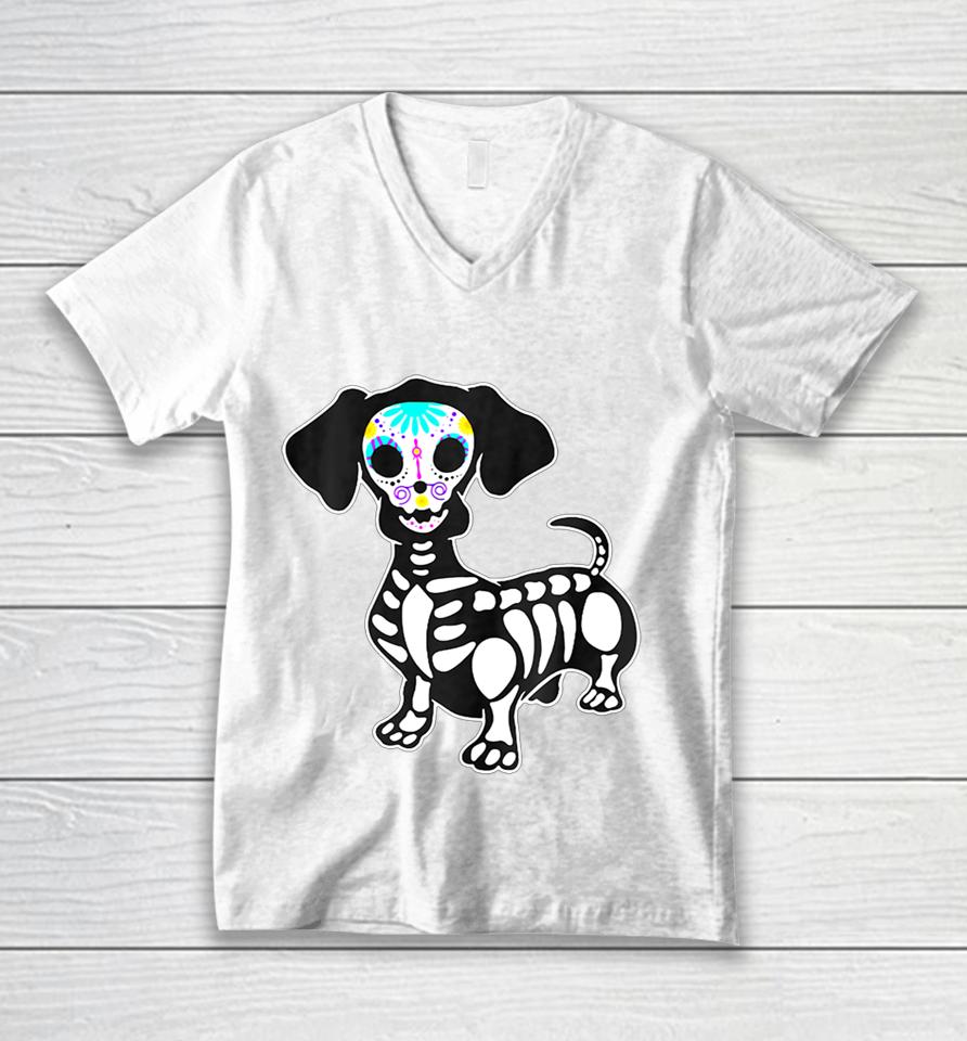 Weiner Dog Skull Dachshund Dog Halloween Tshirt Pumpkin Unisex V-Neck T-Shirt