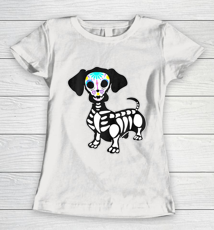 Weiner Dog Skull Dachshund Dog Halloween Tshirt Pumpkin Women T-Shirt