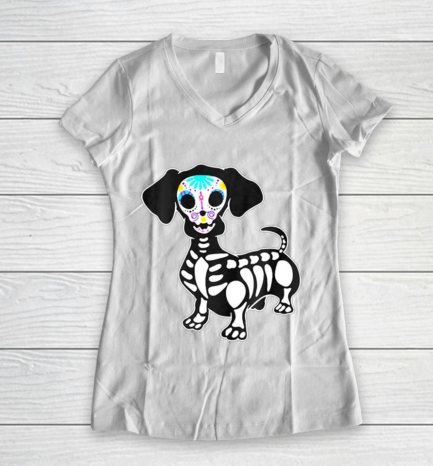 Weiner Dog Skull Dachshund Dog Halloween Tshirt Pumpkin Women V-Neck T-Shirt