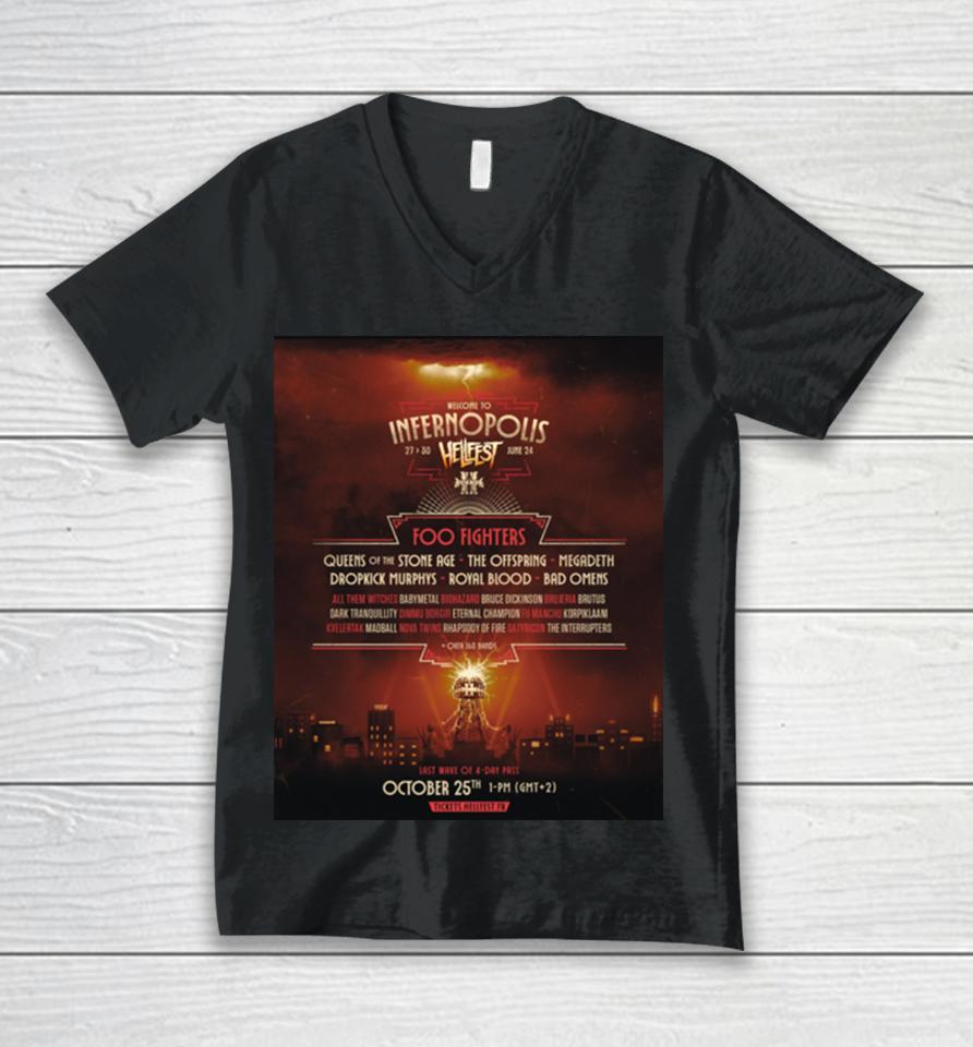 Welcome To Infernopolis 27 To 30 June 2024 Hellfest Foo Fighters And Queens Of The Stone Age Megadeth Unisex V-Neck T-Shirt