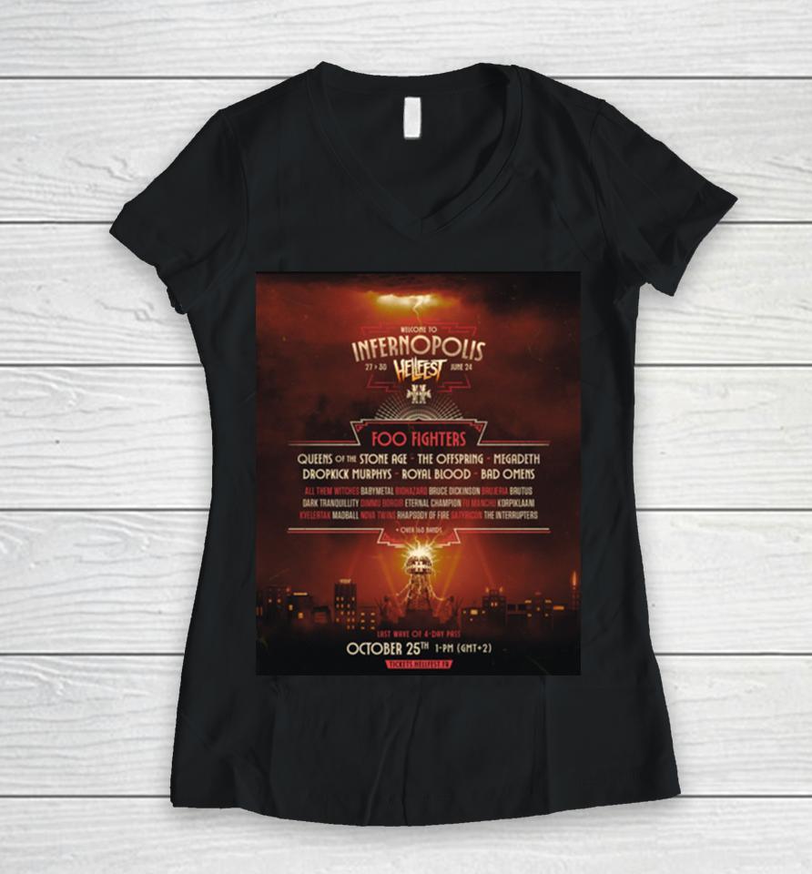 Welcome To Infernopolis 27 To 30 June 2024 Hellfest Foo Fighters And Queens Of The Stone Age Megadeth Women V-Neck T-Shirt