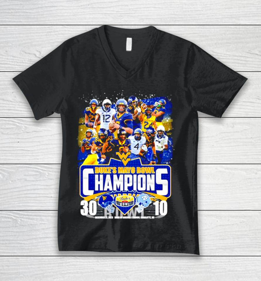 West Virginia Football 2023 Duke’s Mayo Bowl Champions Victory North Carolina 30 10 Unisex V-Neck T-Shirt
