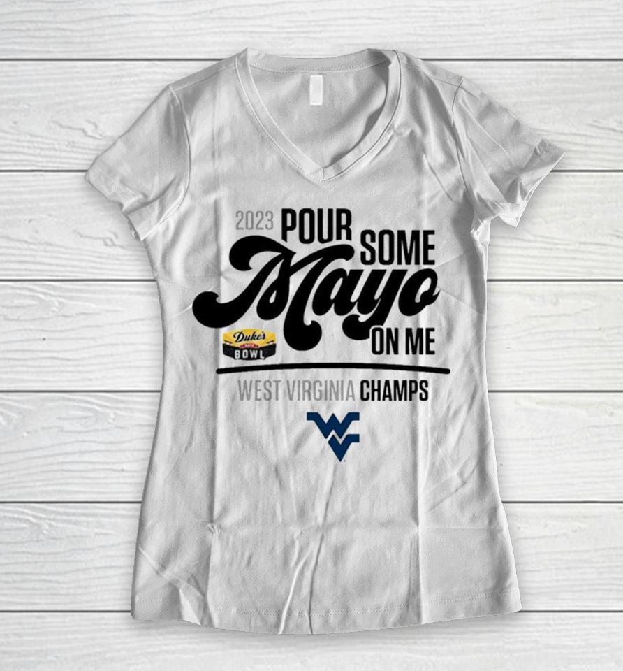 West Virginia Mountaineers 2023 Duke’s Mayo Bowl Champions Women V-Neck T-Shirt